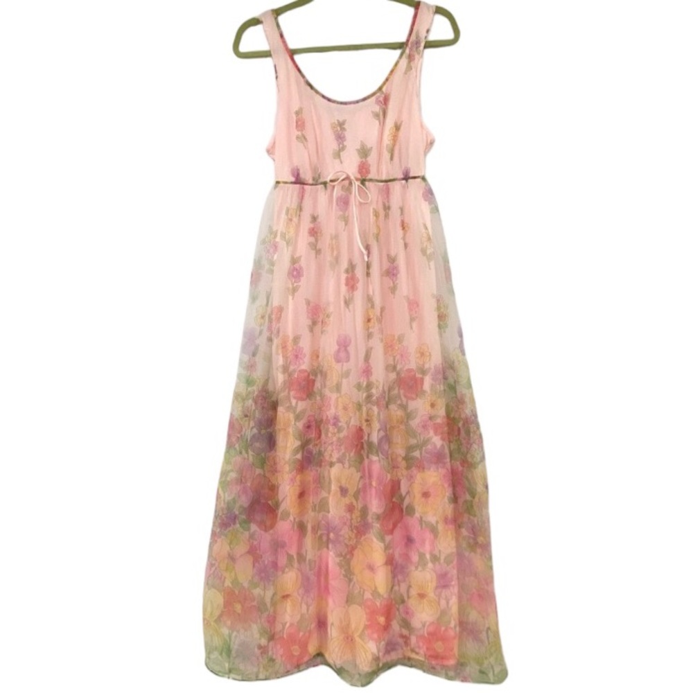 Vintage house dress floral flowers garden party lined netted maxi dress. Large